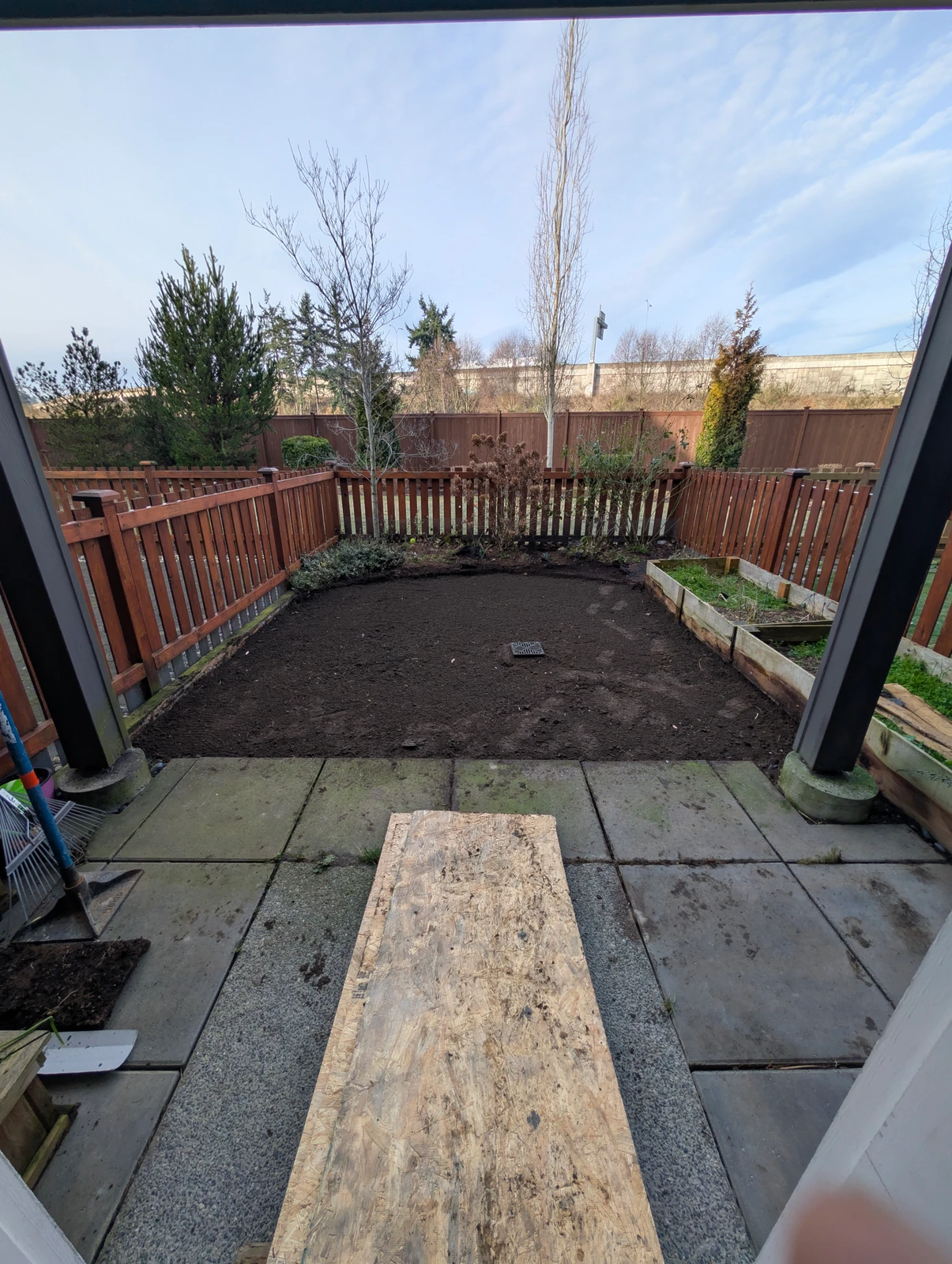 Bare soil backyard prepped for K9Grass Elite pet turf installation, wood plank walkway, raised garden beds, red wood fence, Everett WA