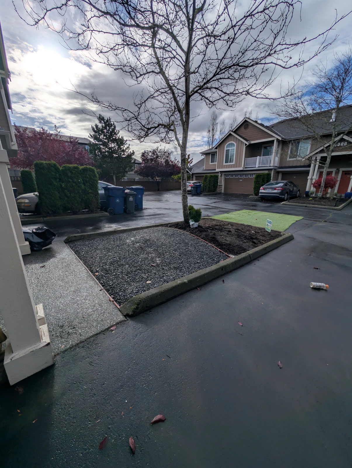 K9Grass Elite pet turf patch installed beside gravel bed and bare tree in residential Marysville, WA driveway area.